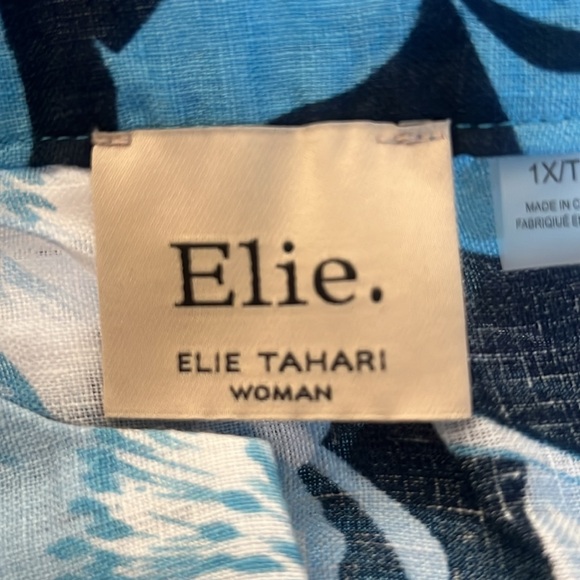 Eli Tahari blue Tropical Printed Split Neck Collared Linen Blouse - Picture 4 of 8